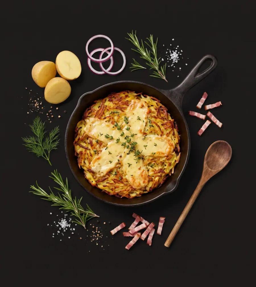 Roesti gratin&eacute; servi dans sa cocotte en fonte sur une planche en bois